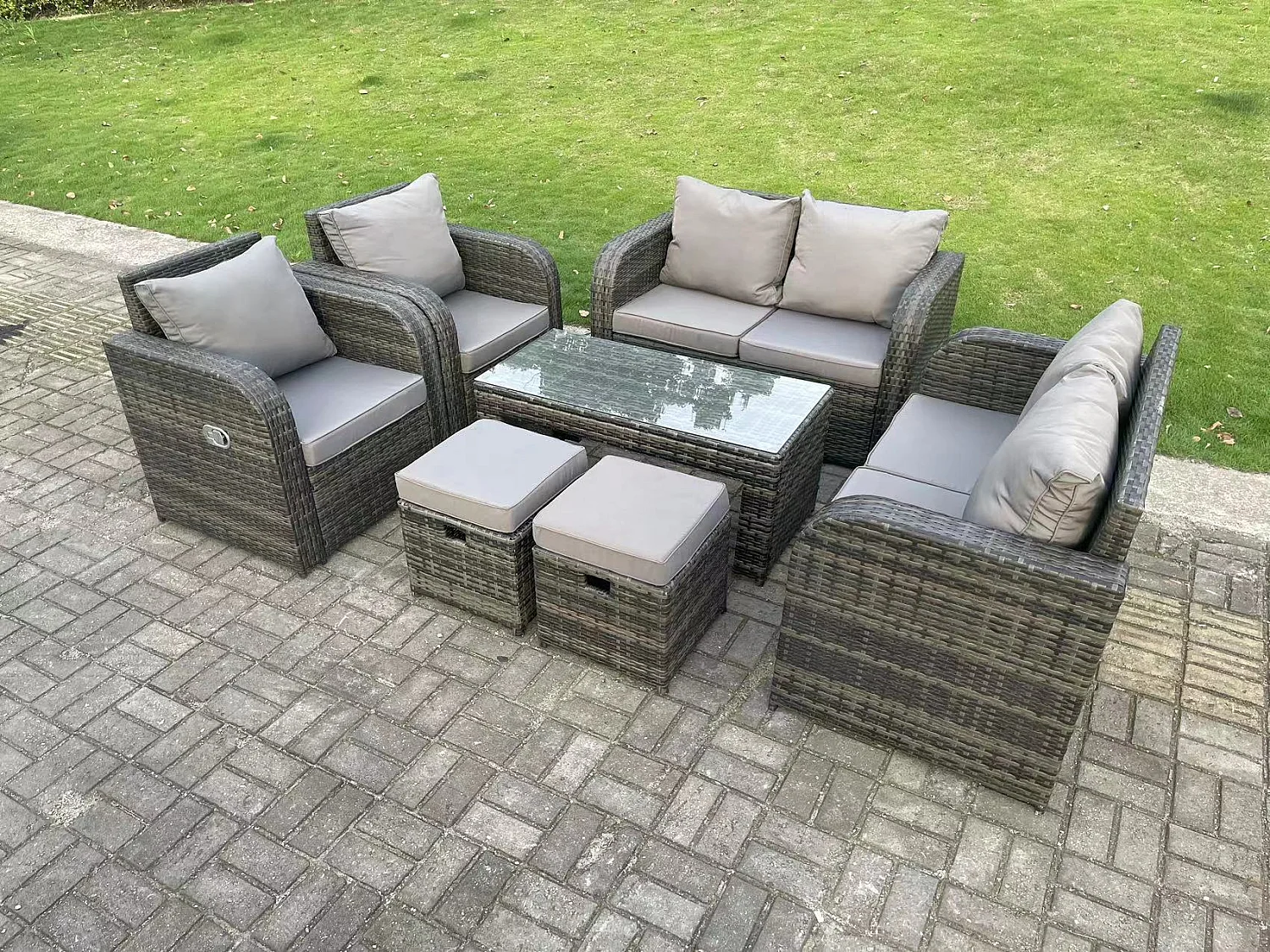 Fimous 8 Seater Dark Grey PE Wicker Rattan Garden Furniture Set Reclining Chair 2 Seater Love Sofa Set Outdoor Rectangular Coffee Table Stools