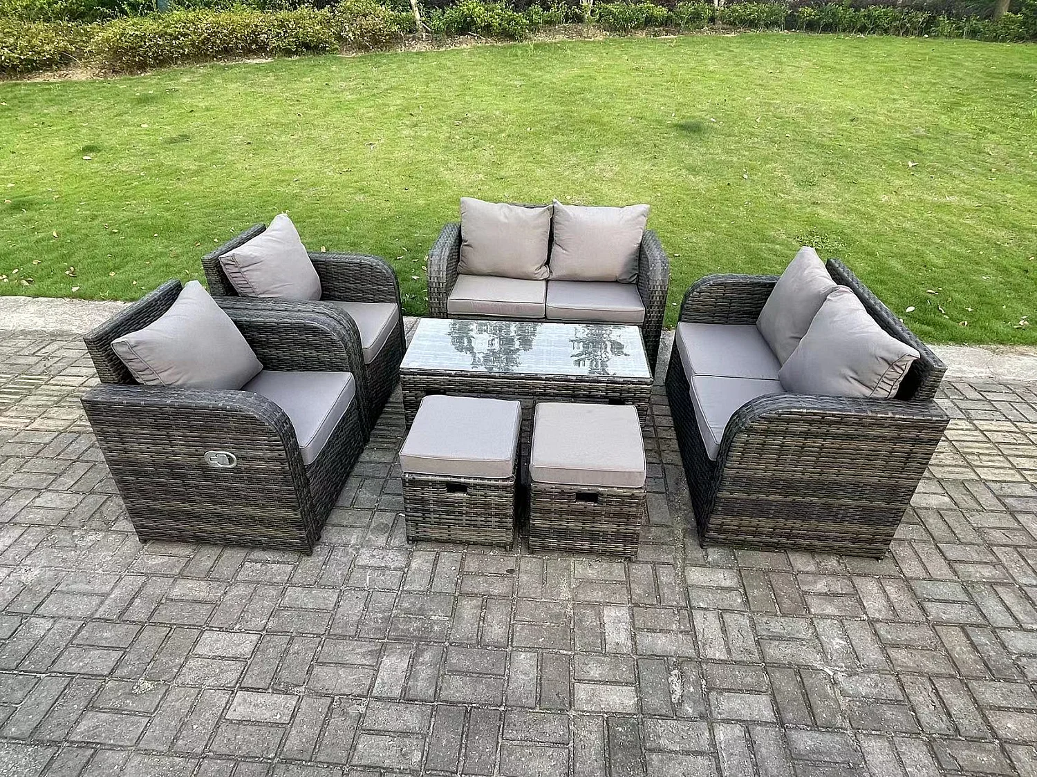 Fimous 8 Seater Dark Grey PE Wicker Rattan Garden Furniture Set Reclining Chair 2 Seater Love Sofa Set Outdoor Rectangular Coffee Table Stools