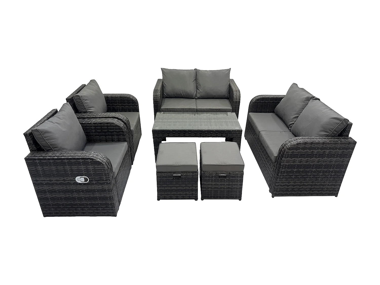Fimous 8 Seater Dark Grey PE Wicker Rattan Garden Furniture Set Reclining Chair 2 Seater Love Sofa Set Outdoor Rectangular Coffee Table Stools