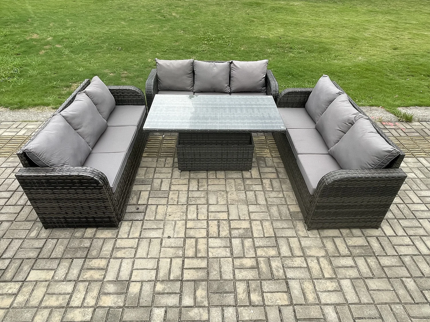 Fimous Patio Garden Dining Set Outdoor Rattan Furniture Lounge Sofa Height Adjustable Rising lifting Table Dark Grey Mixed