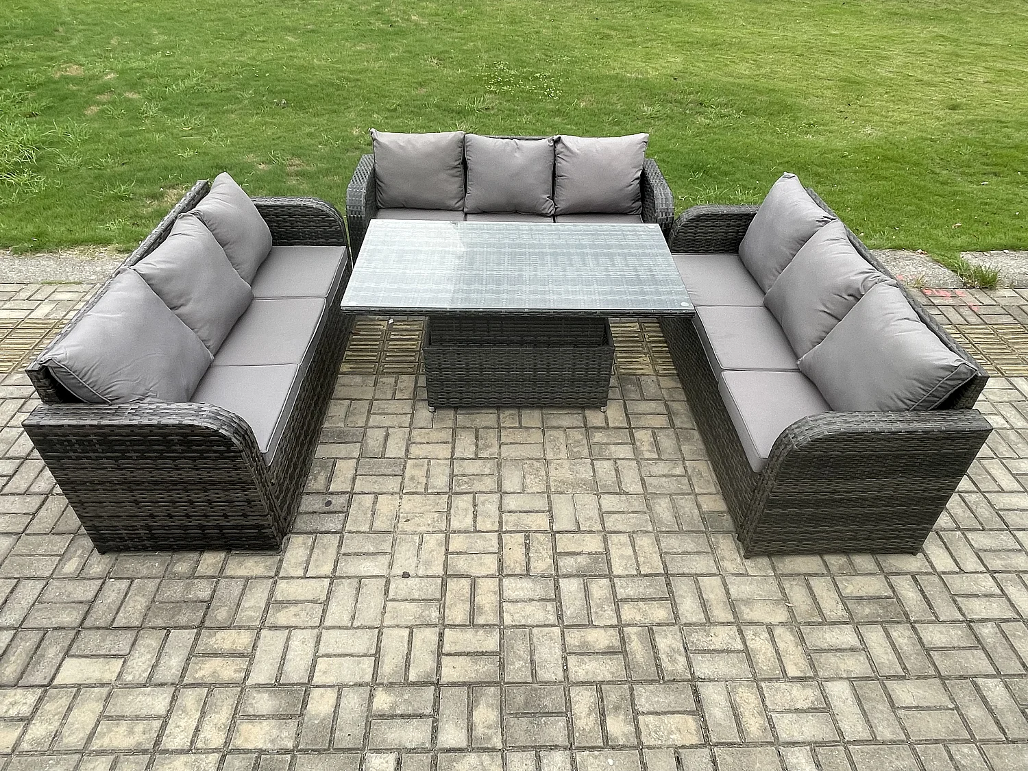 Fimous Patio Garden Dining Set Outdoor Rattan Furniture Lounge Sofa Height Adjustable Rising lifting Table Dark Grey Mixed