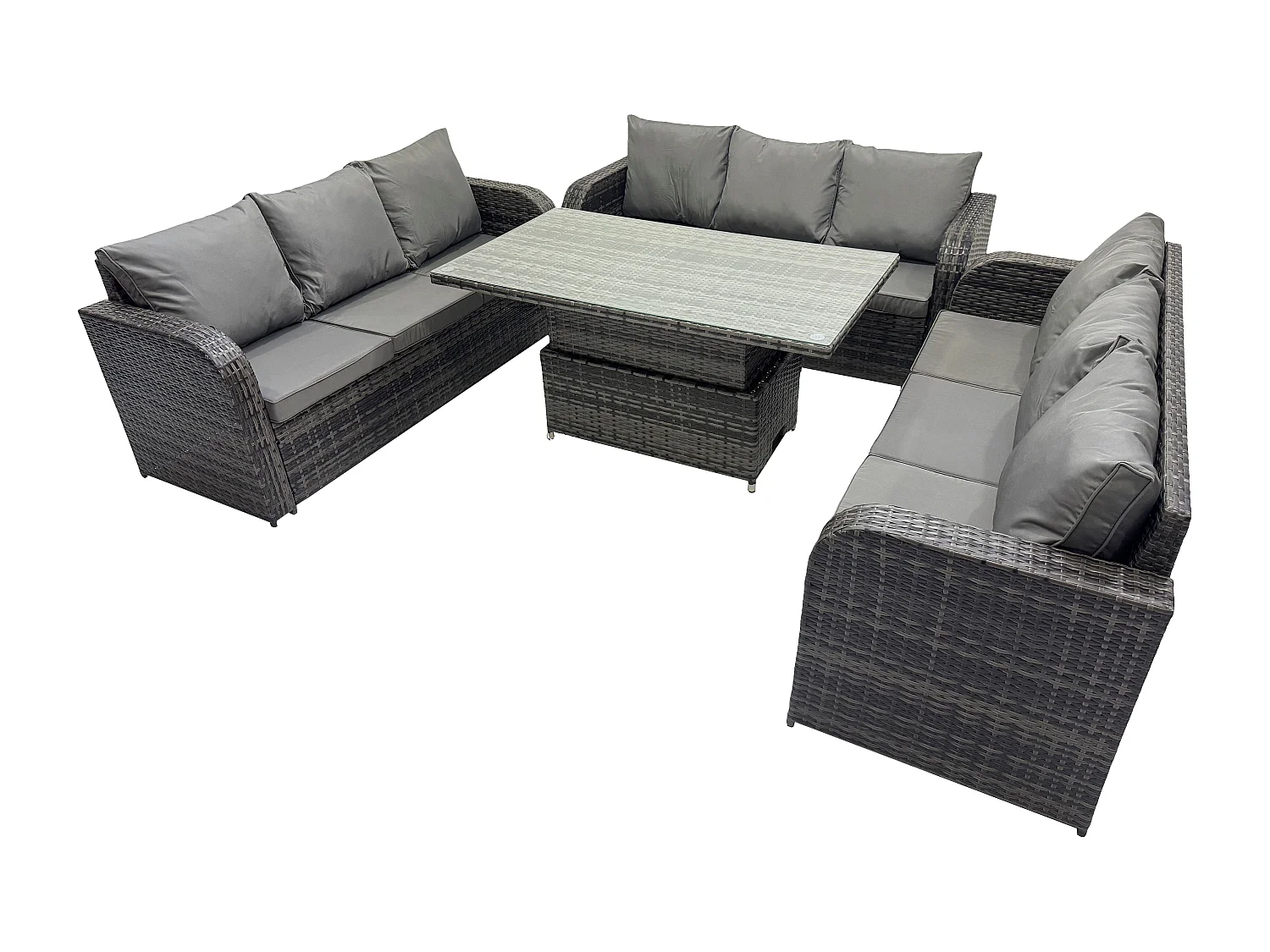 Fimous Patio Garden Dining Set Outdoor Rattan Furniture Lounge Sofa Height Adjustable Rising lifting Table Dark Grey Mixed