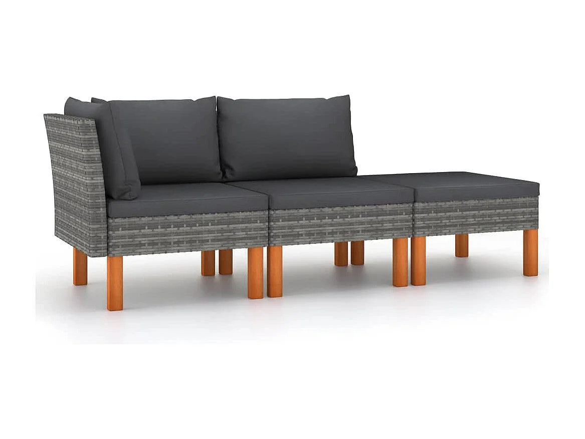 3-tlg. Garten-Sitzgruppe | Garten-Lounge-Set Poly Rattan und Massivholz Eukalyptus -GKD477674