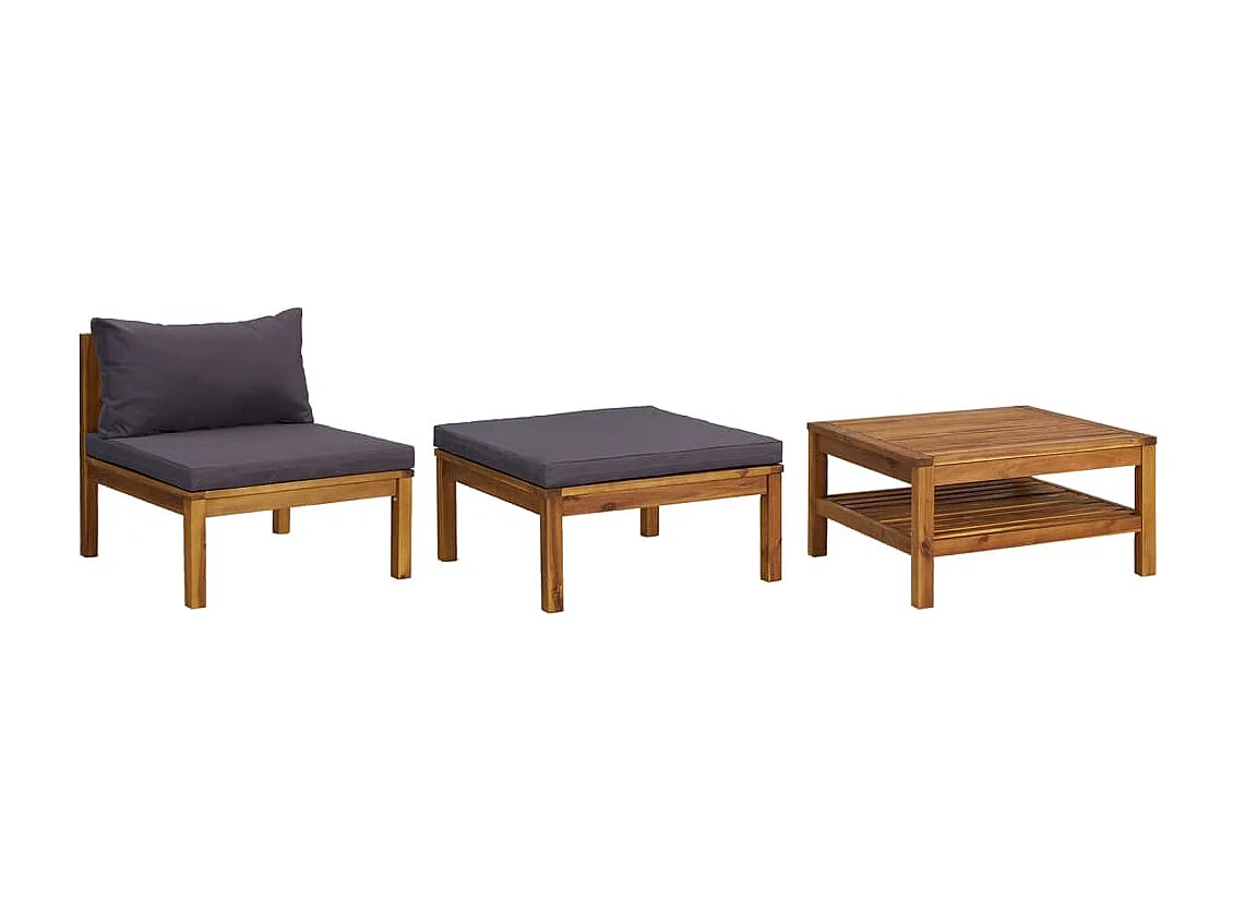 3-tlg. Garten-Sitzgruppe: Sofa + Tisch | Garten-Lounge-Set mit Dunkelgrauen Kissen Akazienholz -GKD255183