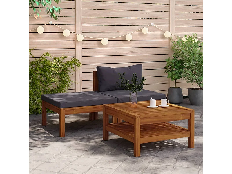 3-tlg. Garten-Sitzgruppe: Sofa + Tisch | Garten-Lounge-Set mit Dunkelgrauen Kissen Akazienholz -GKD255183
