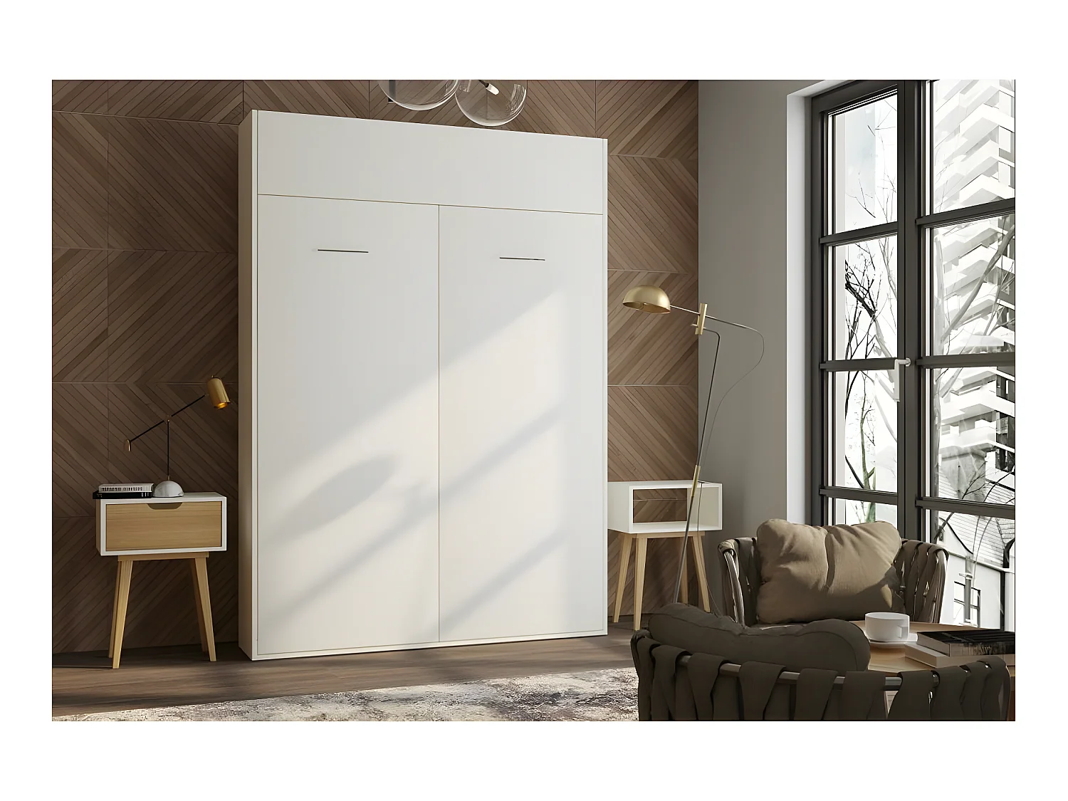 Armoire lit escamotable DYNAMO blanc mat Ouverture assistée et pied automatique, couchage 140*200 cm