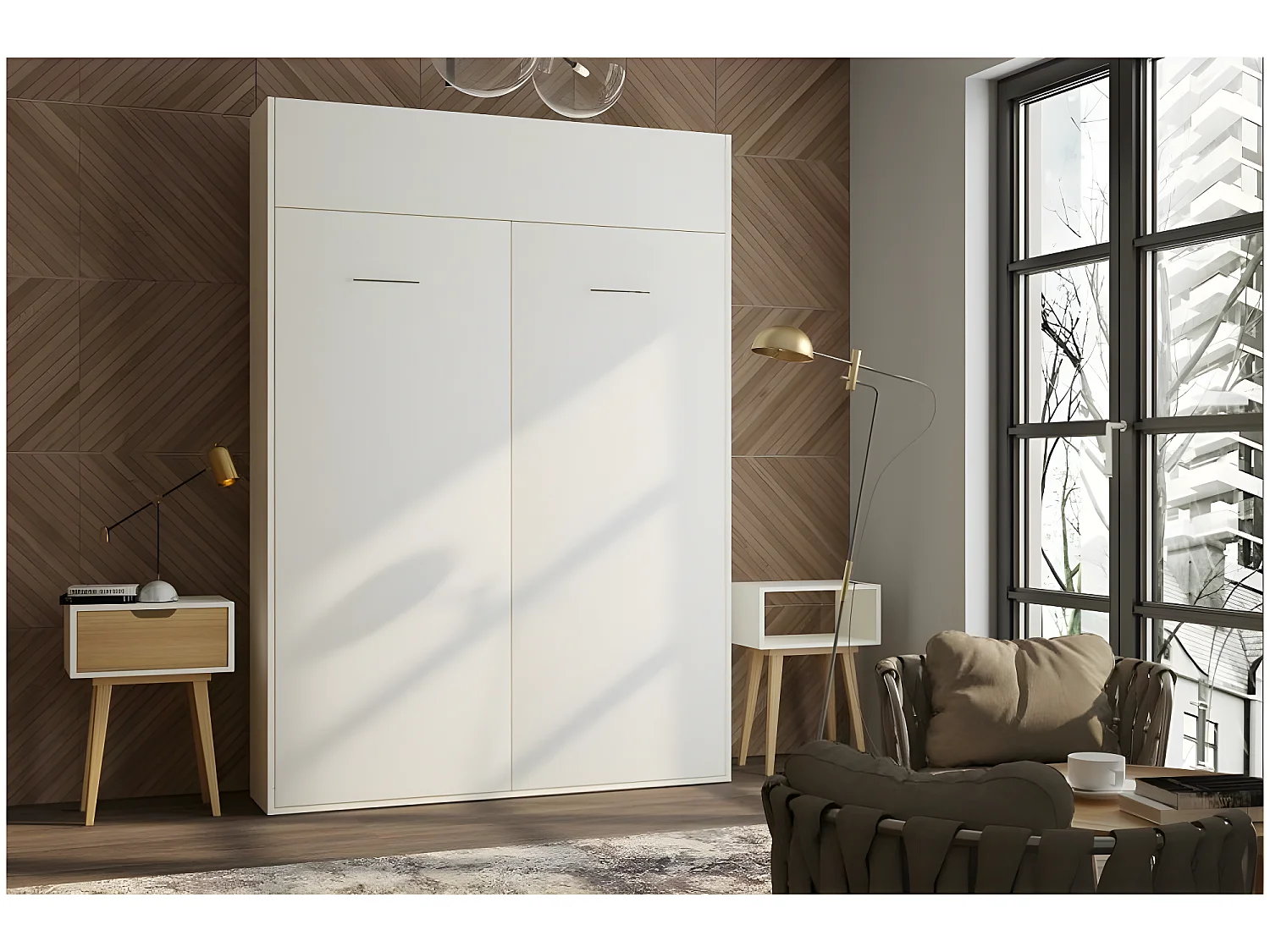 Armoire lit escamotable DYNAMO blanc mat Ouverture assistée et pied automatique, couchage 140*200 cm