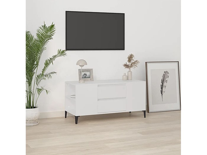 Mobile TV Moderno Effetto Legno 180x50x38 Cm – Bianco E Legno Con Piedini In Metallo Nero – 2 Ante, 2 Cassetti