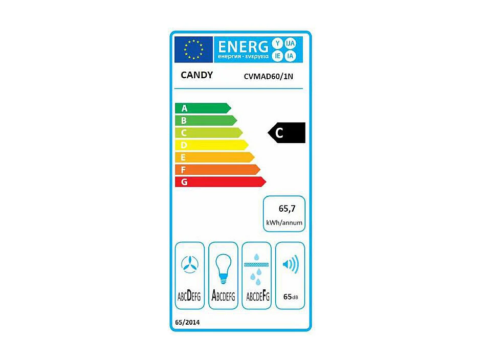 CANDY - CVMAD60/1N - Hotte Inclinee - 463,3m3/h max - 65dB max - 3 Vitesses - L60cm - Noir