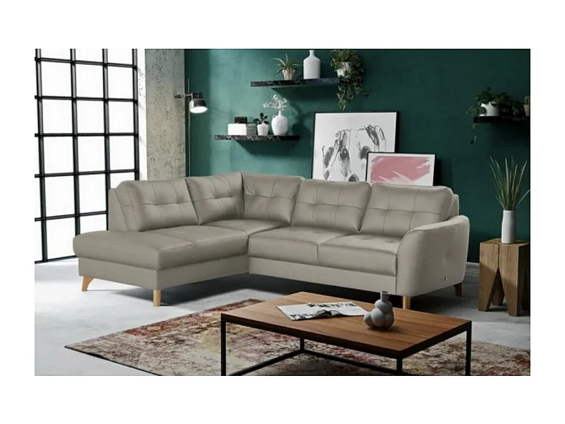 Canapé d'angle convertible en cuir italien de luxe 5 places NORIA avec coffre, gris clair, angle gauche