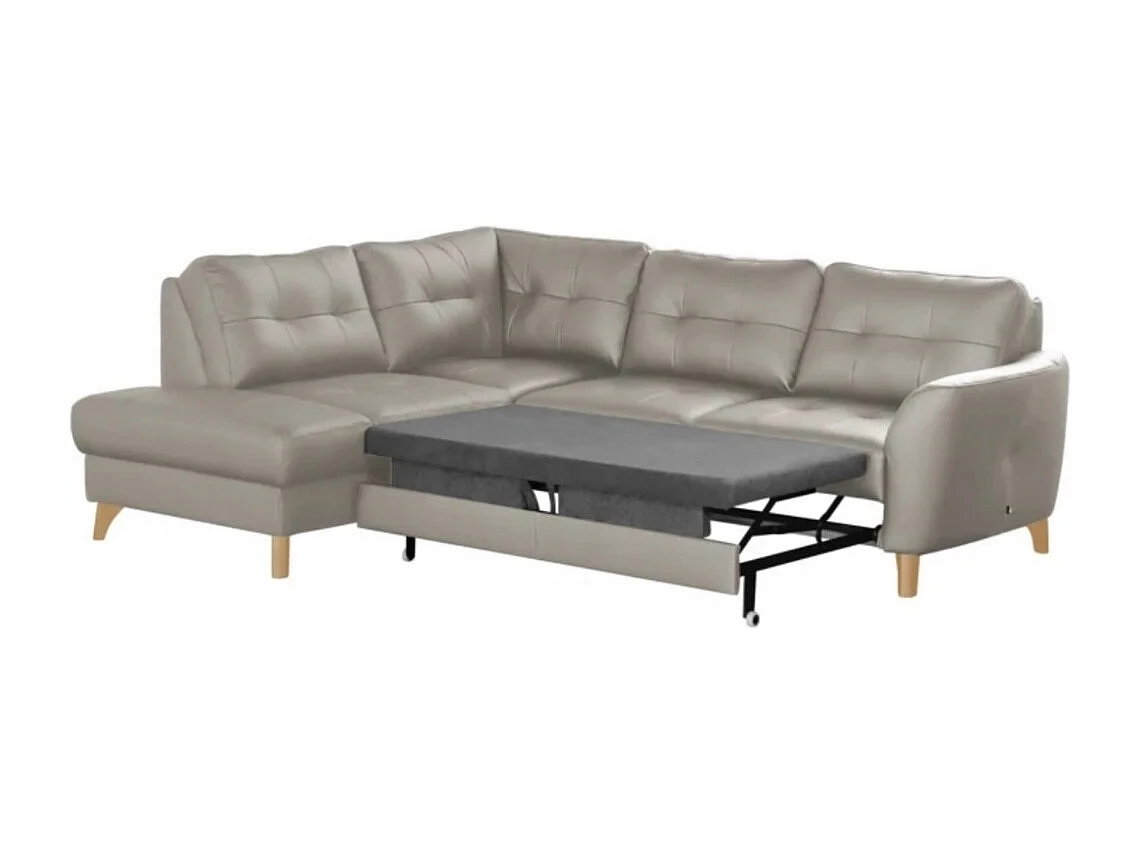 Canapé d'angle convertible en cuir italien de luxe 5 places NORIA avec coffre, gris clair, angle gauche
