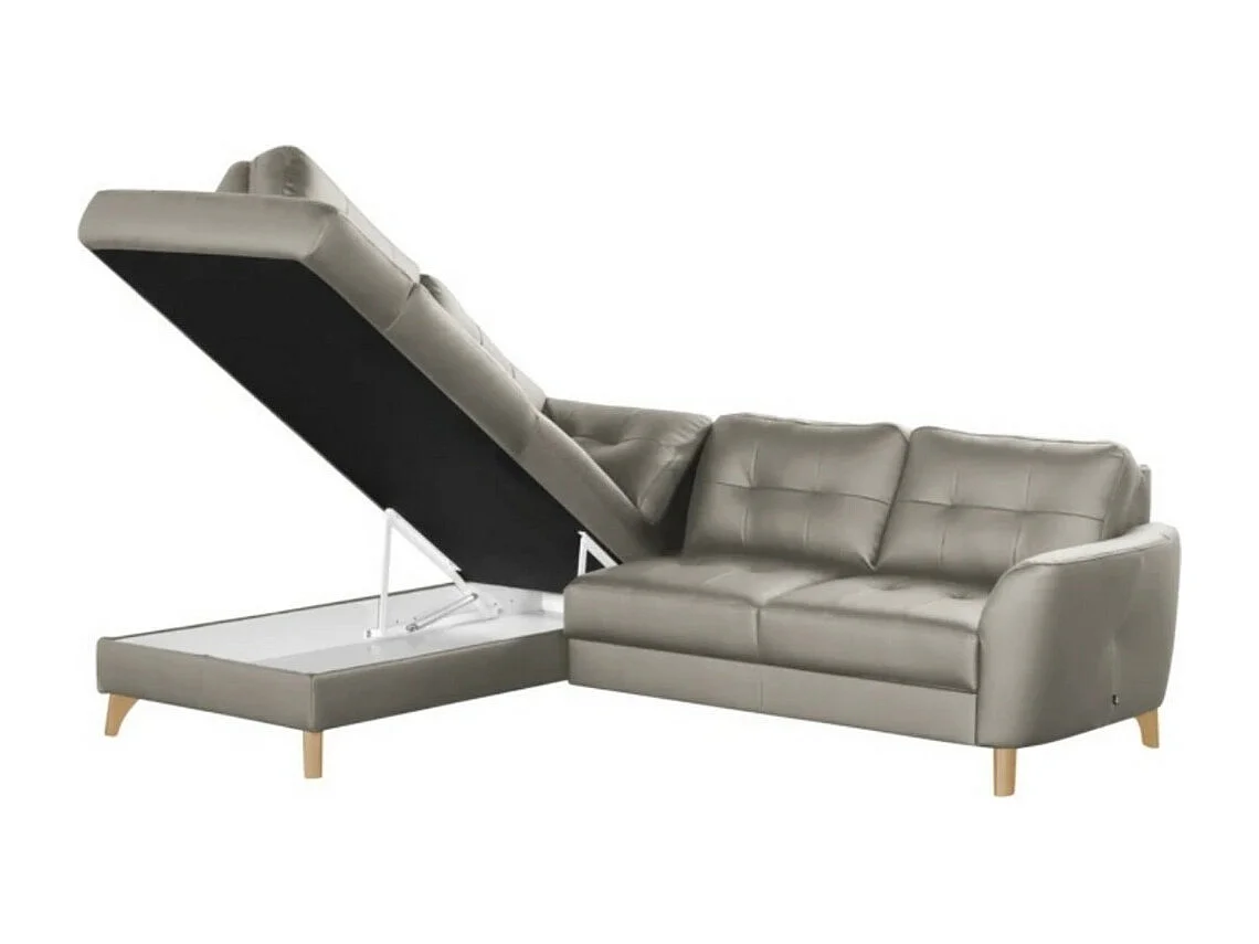 Canapé d'angle convertible en cuir italien de luxe 5 places NORIA avec coffre, gris clair, angle gauche