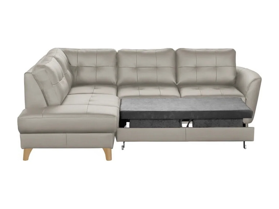 Canapé d'angle convertible en cuir italien de luxe 5 places NORIA avec coffre, gris clair, angle gauche