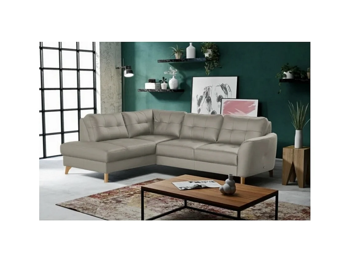 Canapé d'angle convertible en cuir italien de luxe 5 places NORIA avec coffre, gris clair, angle gauche