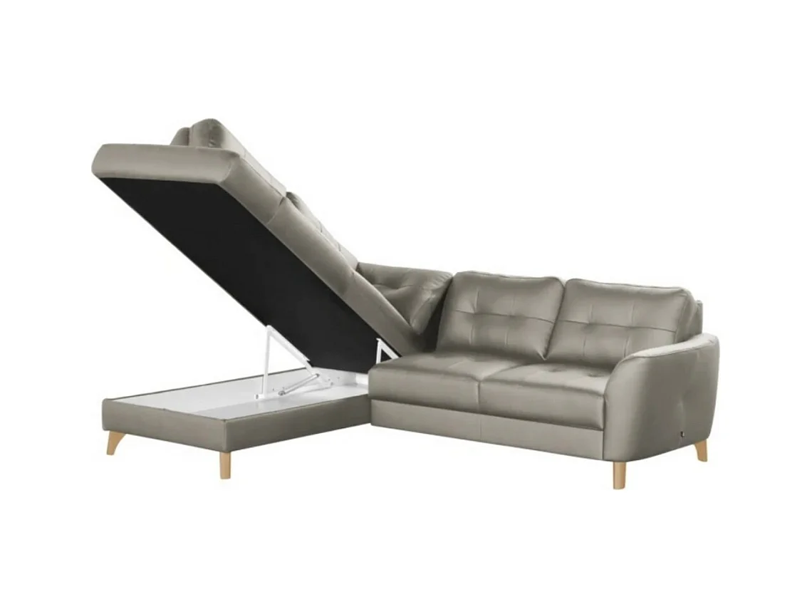 Canapé d'angle convertible en cuir italien de luxe 5 places NORIA avec coffre, gris clair, angle gauche