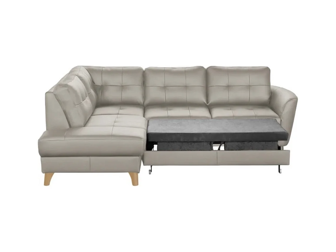 Canapé d'angle convertible en cuir italien de luxe 5 places NORIA avec coffre, gris clair, angle gauche