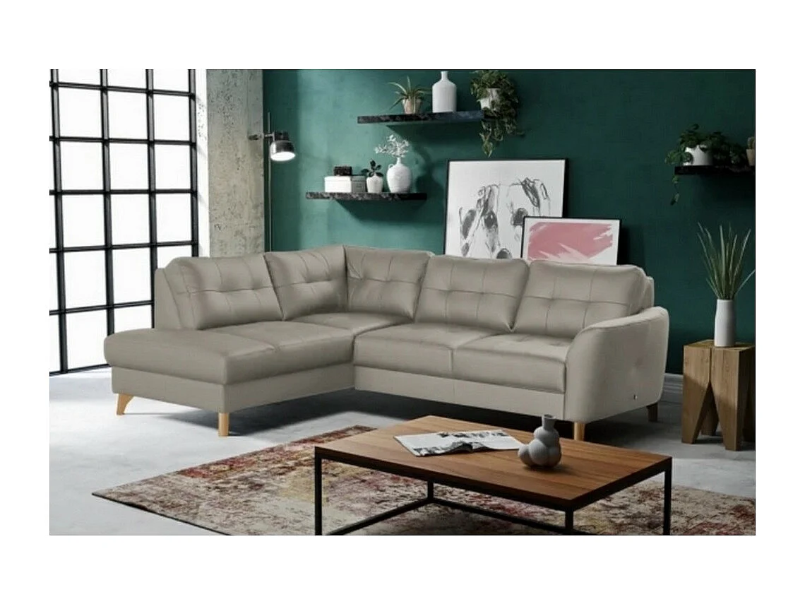 Canapé d'angle convertible en cuir italien de luxe 5 places NORIA avec coffre, gris clair, angle gauche