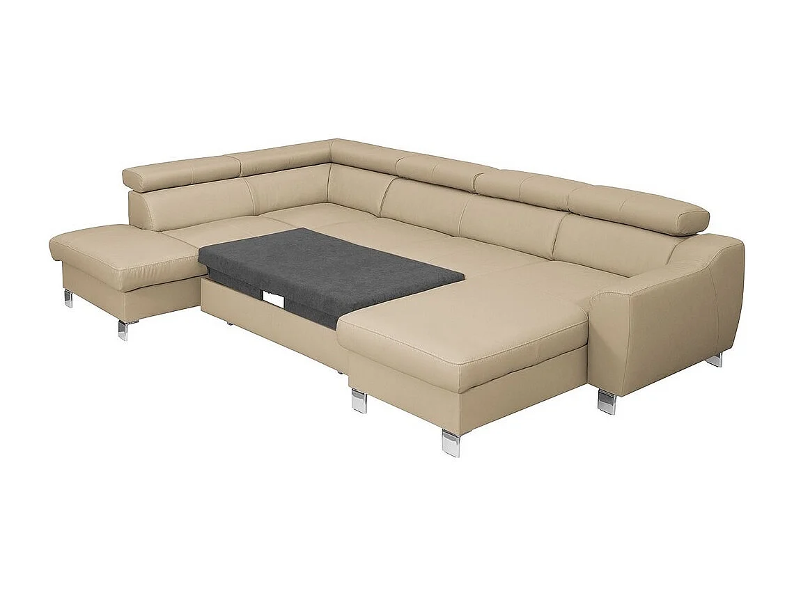 Canapé d'angle convertible en cuir italien de luxe 7/8 places ASTON, beige, angle gauche et méridienne à droite