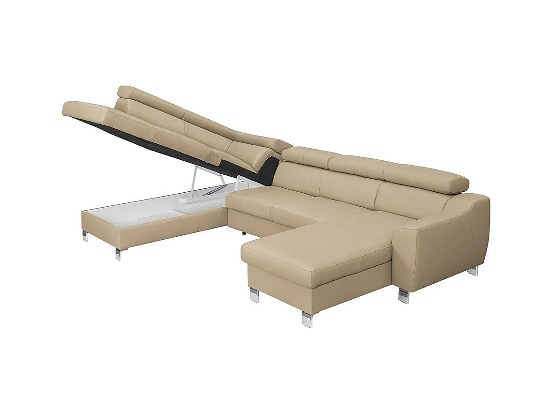 Canapé d'angle convertible en cuir italien de luxe 7/8 places ASTON, beige, angle gauche et méridienne à droite