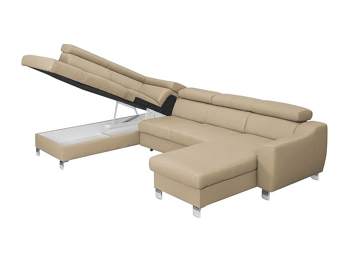 Canapé d'angle convertible en cuir italien de luxe 7/8 places ASTON, beige, angle gauche et méridienne à droite