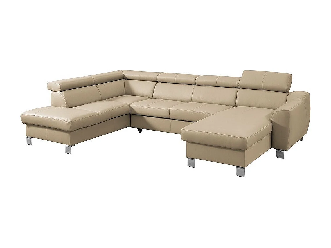 Canapé d'angle convertible en cuir italien de luxe 7/8 places ASTON, beige, angle gauche et méridienne à droite