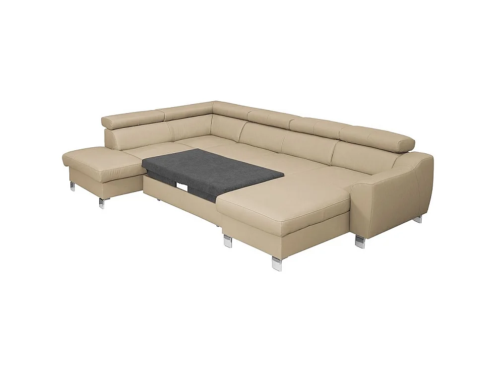 Canapé d'angle gauche convertible 8 places en cuir italien beige ASTON