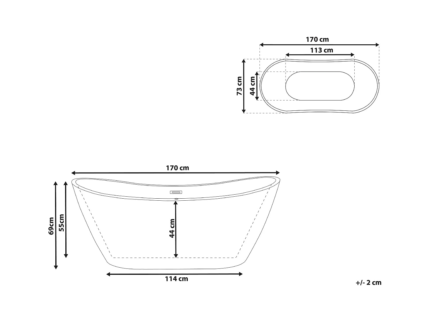 Badewanne Acryl weiß freistehend oval 170 cm mit Überlauf Stöpsel modern Callao