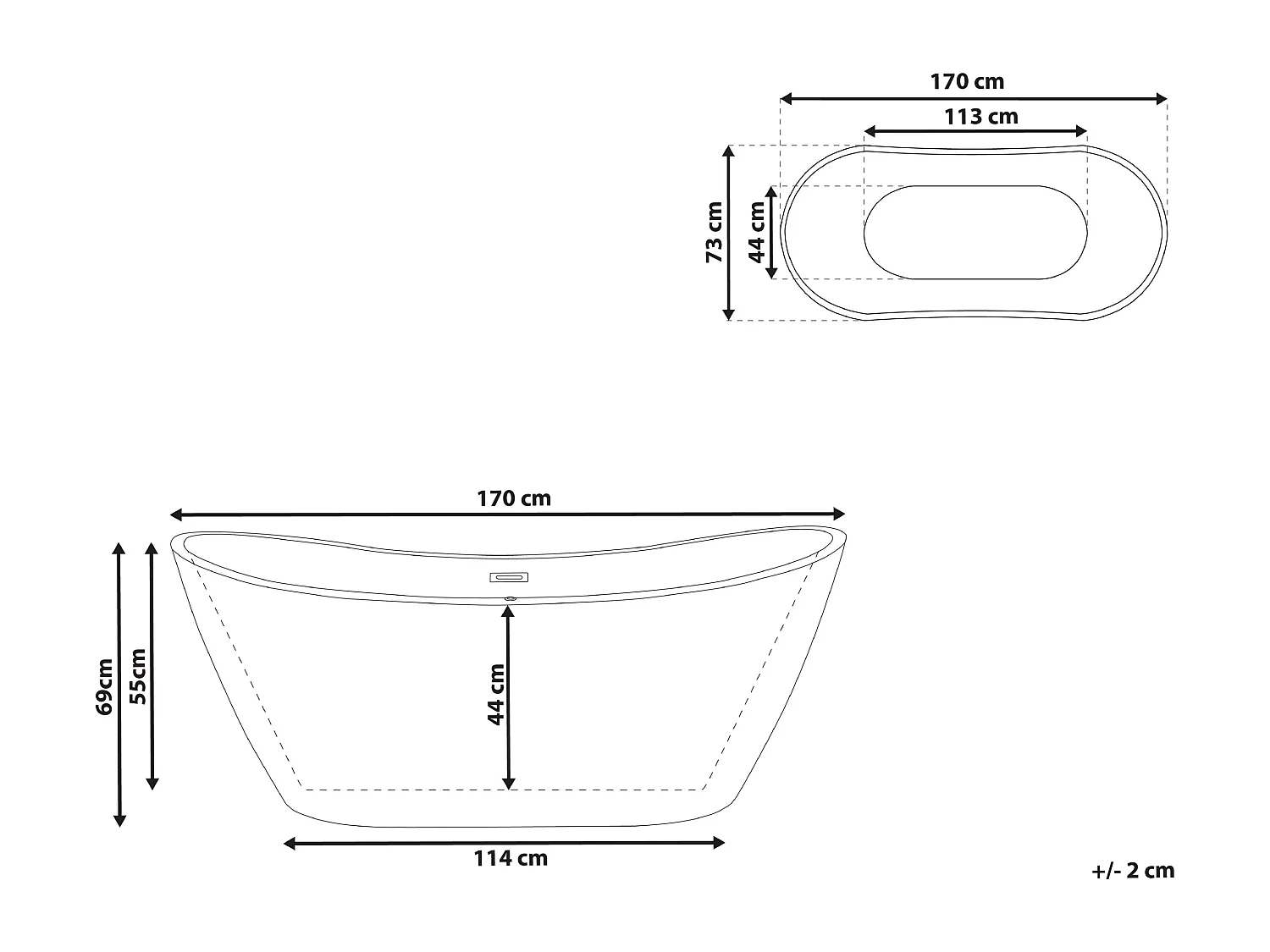 Banheira autónoma em acrílico branco 170 x 69 cm CALLAO