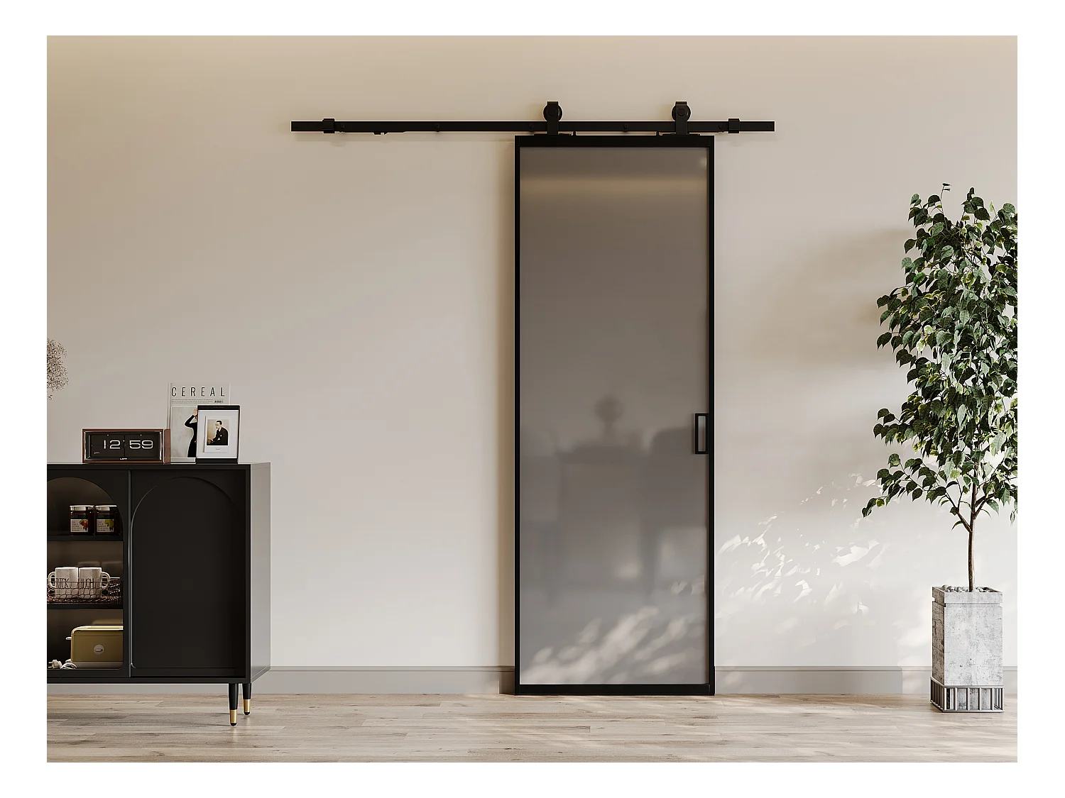 Porta de correr com sistema em aplique, alumínio e vidro temperado fosco A205 x C93 cm - LINCI II