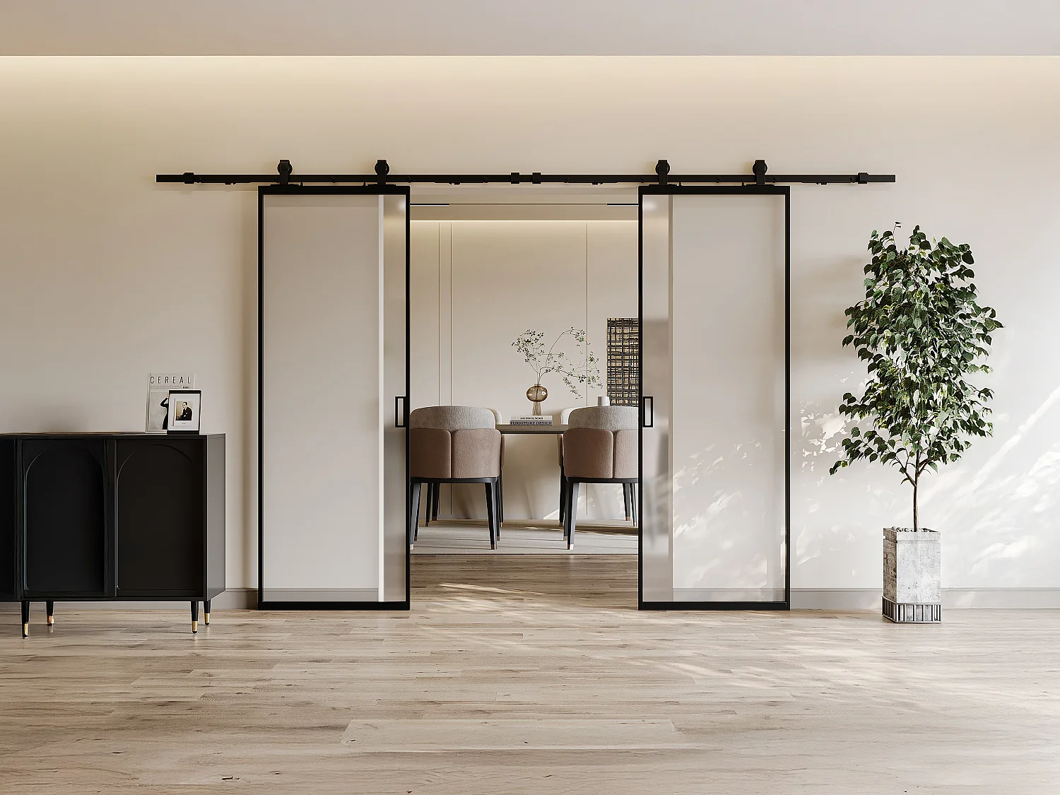 Porte coulissante double avec système en applique - aluminium et verre trempé dépoli - 2 x H205 x L93 cm - LINCI II