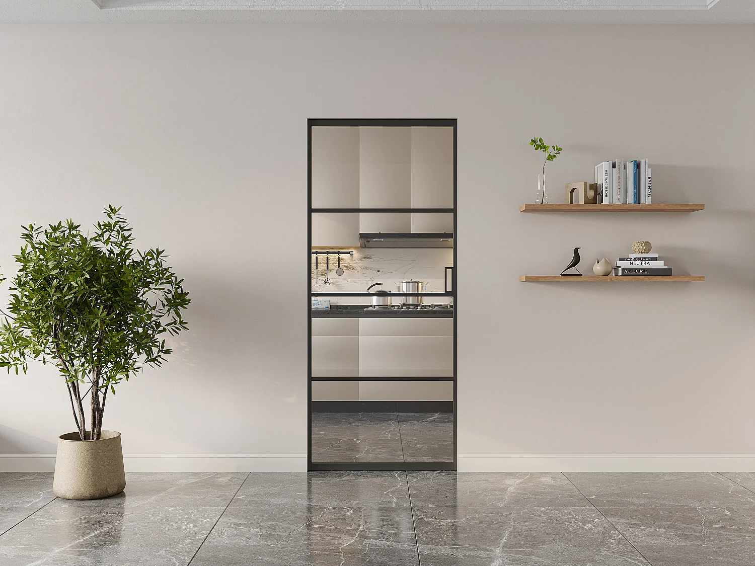 Porte coulissante avec système à galandage - aluminium et verre trempé transparent - H205 x L93 cm - SINCA II