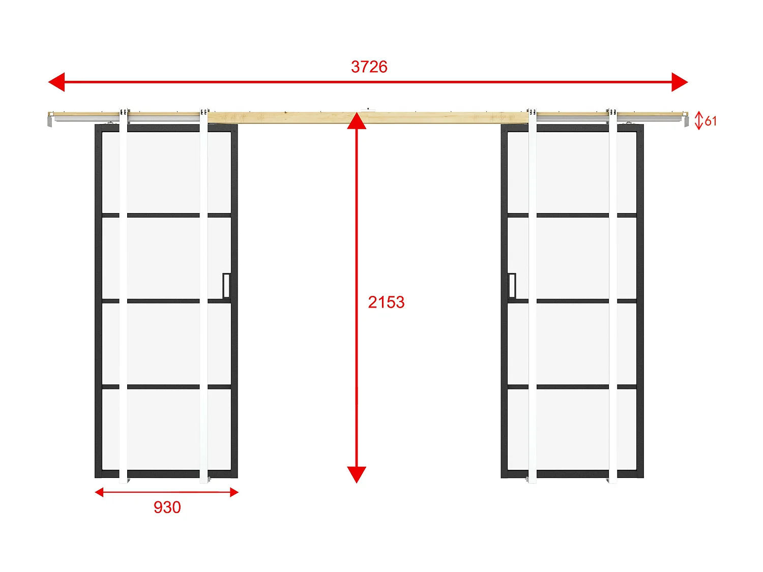 Porte coulissante double avec système à galandage - aluminium et verre trempé transparent - 2 x H205 x L93 cm - SINCA II