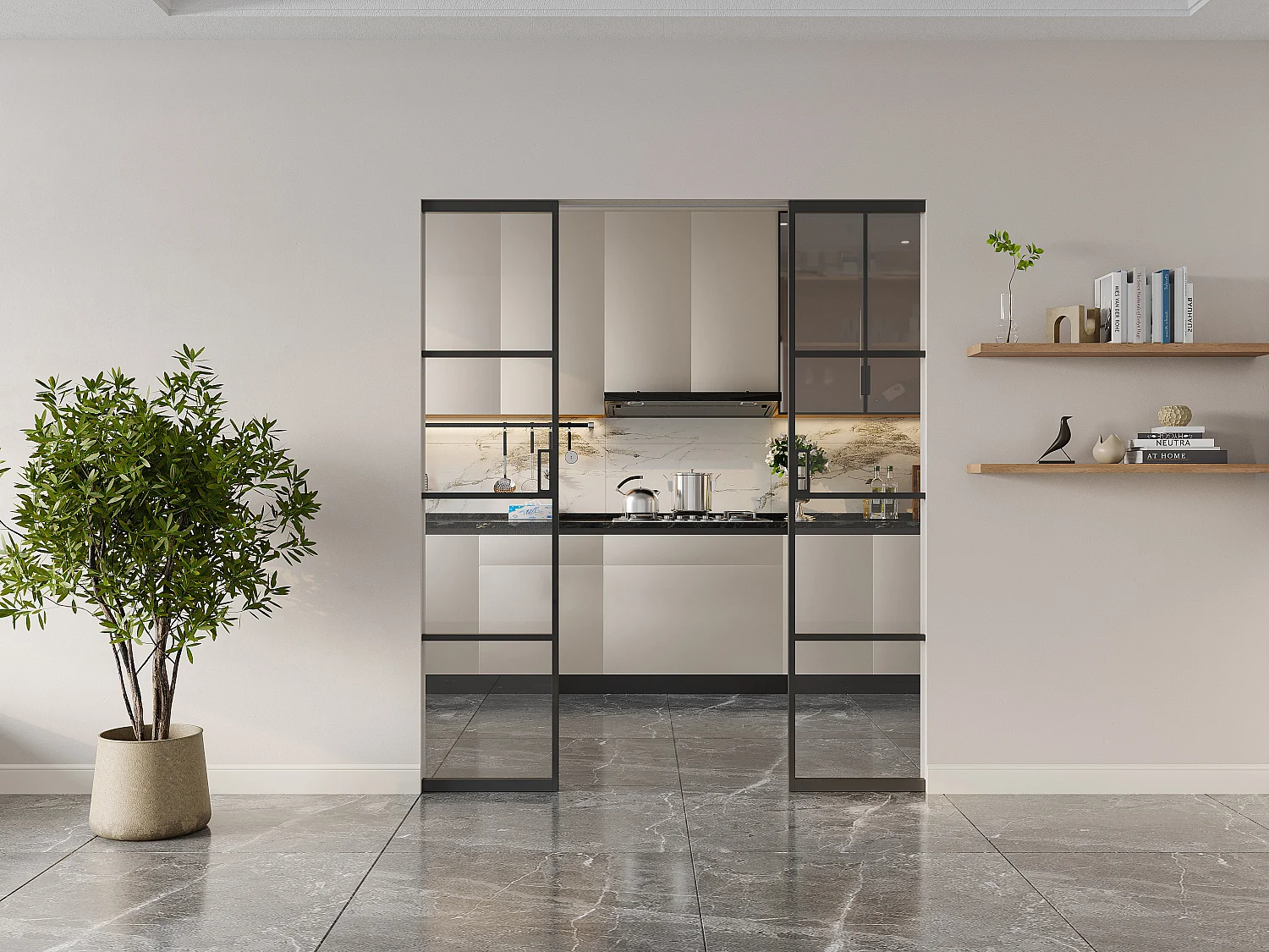 Porte coulissante double avec système à galandage - aluminium et verre trempé transparent - 2 x H205 x L93 cm - SINCA II