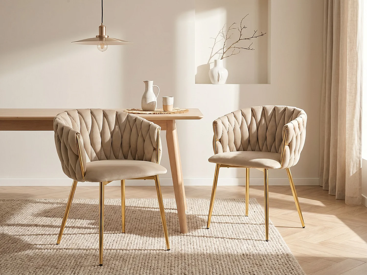 Set of 6 Velvet and Gold Metal Chairs - Beige - ELEGANO