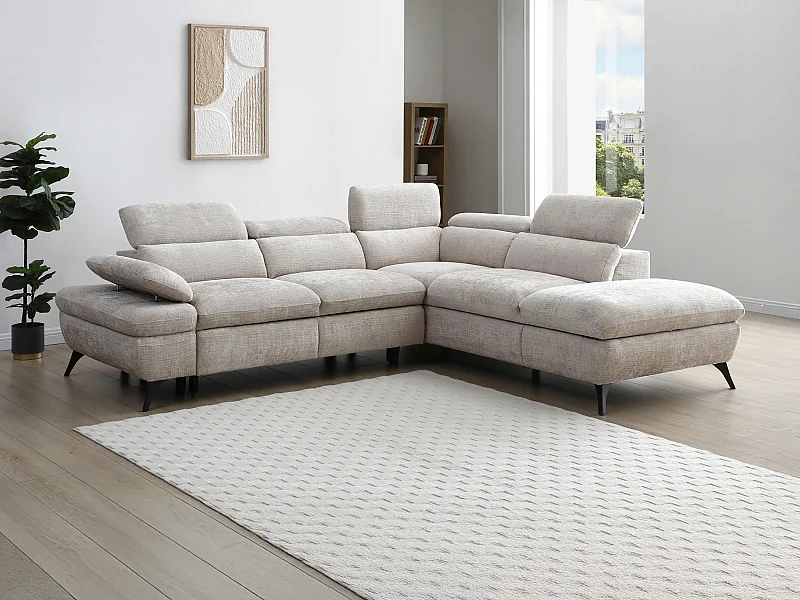 Divano letto con schienale reclinabile in Tessuto testurizzato Beige - Angolo a destra - SURDELI