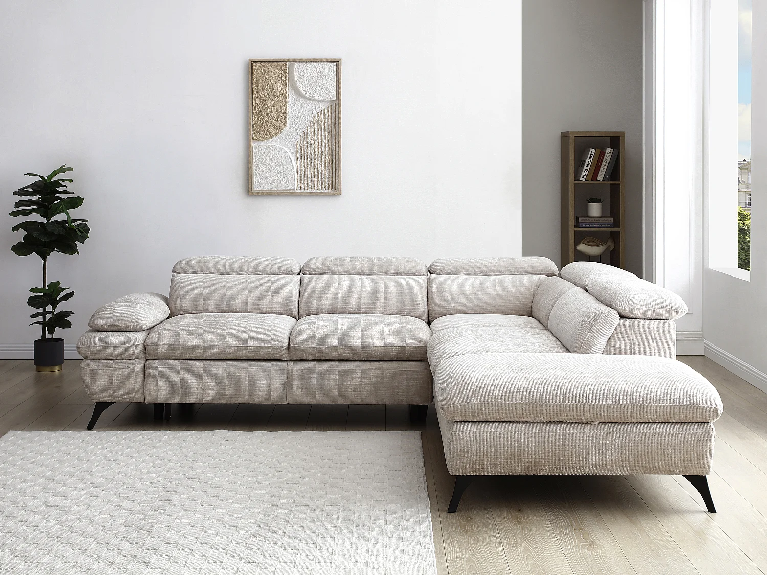 Canapé d'angle droit convertible avec dossier méridienne en tissu texturé beige SURDELI