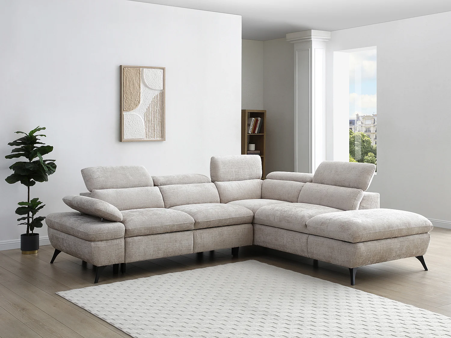 Ecksofa mit Schlaffunktion - Ecke rechts - Strukturstoff - mit Rückenlehne - Beige - SURDELI