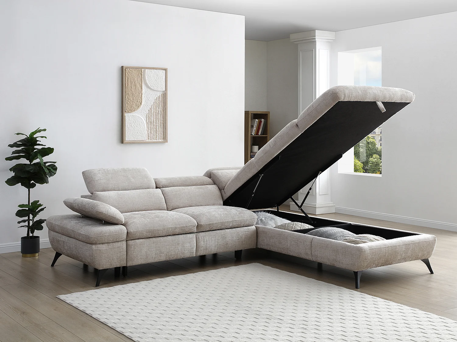Ecksofa mit Schlaffunktion - Ecke rechts - Strukturstoff - mit Rückenlehne - Beige - SURDELI