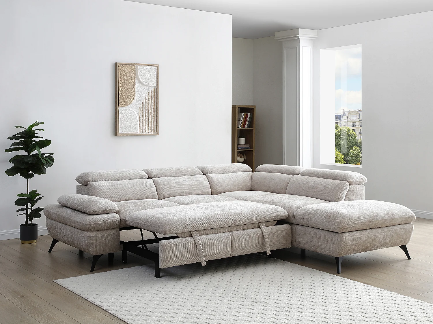 Ecksofa mit Schlaffunktion - Ecke rechts - Strukturstoff - mit Rückenlehne - Beige - SURDELI