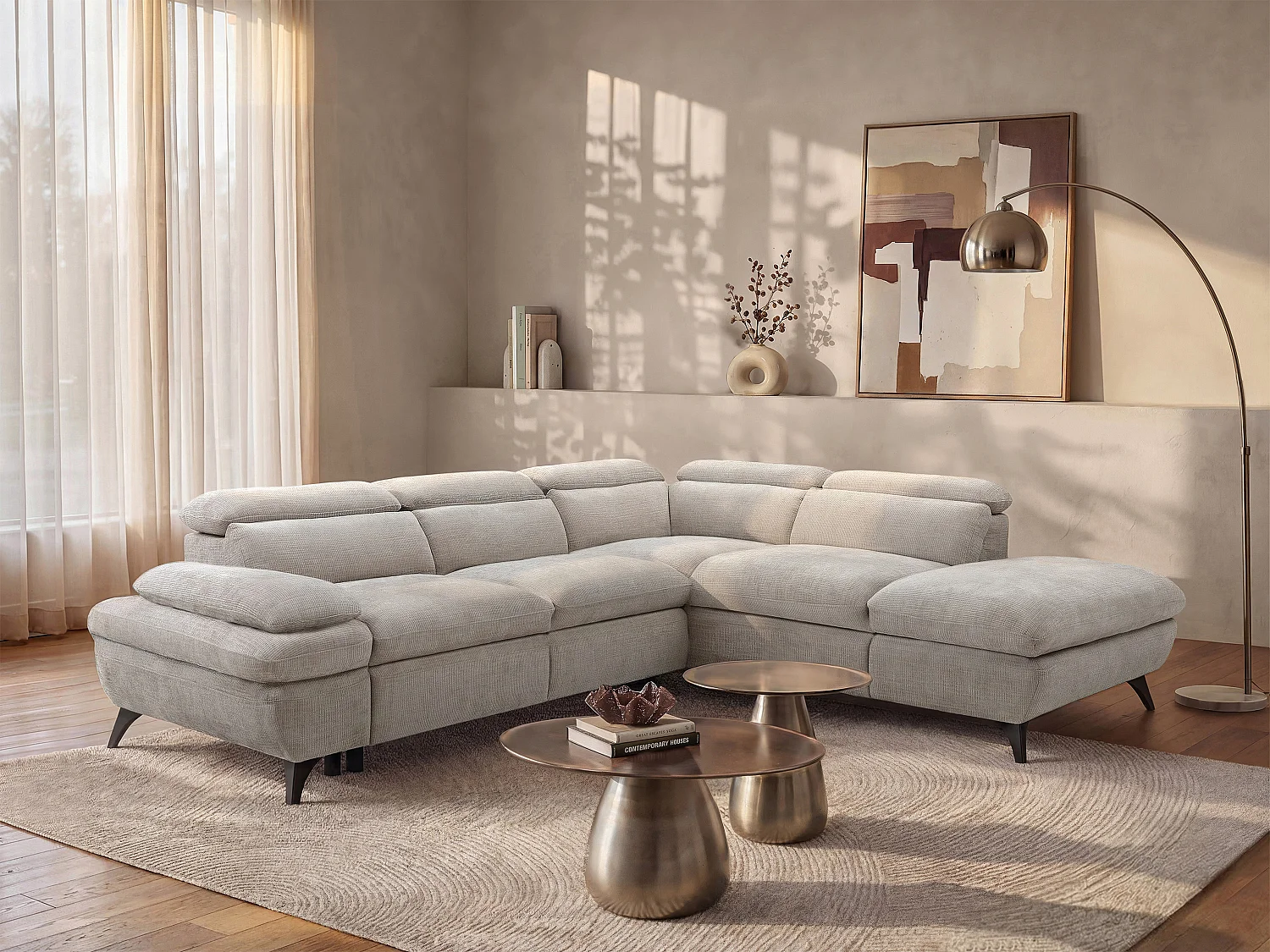 Omkeerbare hoekslaapbank met hoek rechts van beige stof met structuur SURDELI