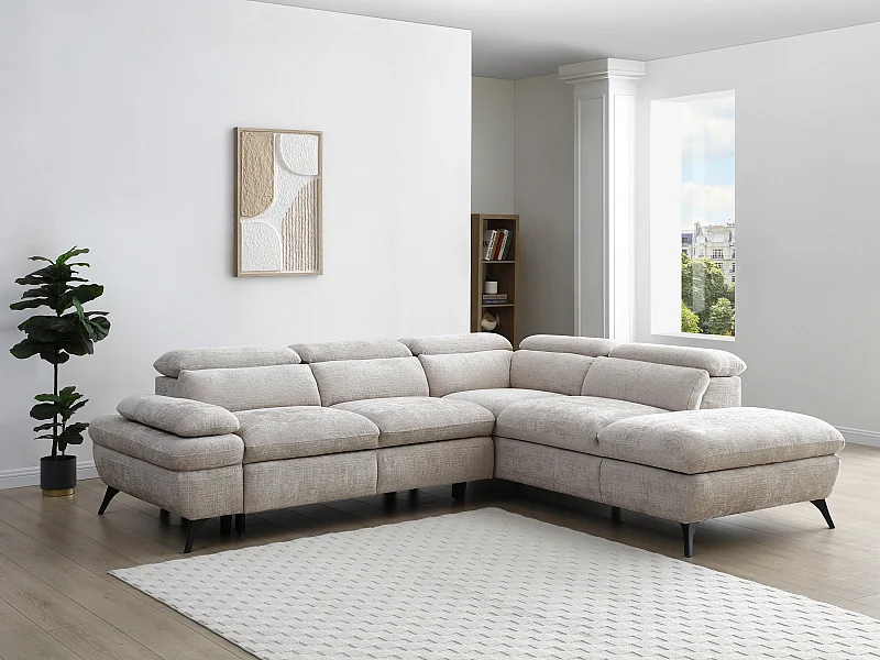 Ecksofa mit Schlaffunktion - Ecke rechts - Strukturstoff - mit Rückenlehne - Beige - SURDELI