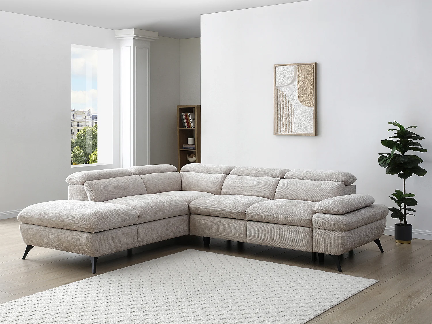 Canapé d'angle gauche convertible avec dossier méridienne en tissu texturé beige SURDELI