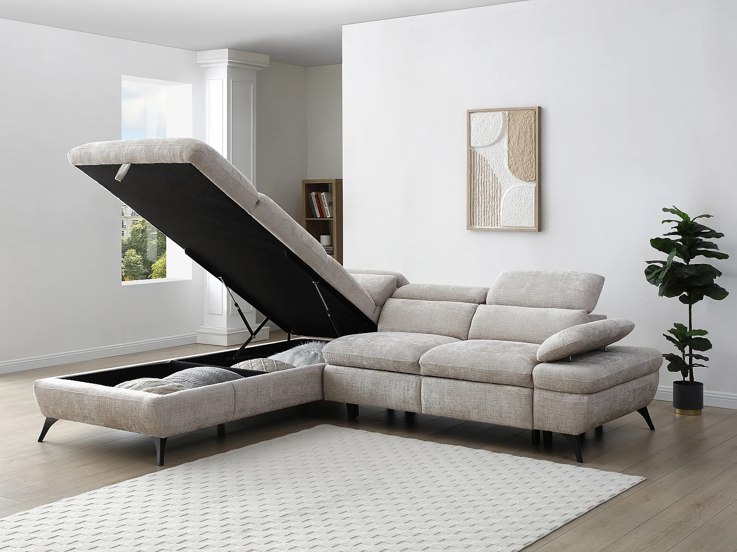 Canapé d'angle gauche convertible avec dossier méridienne en tissu texturé beige SURDELI