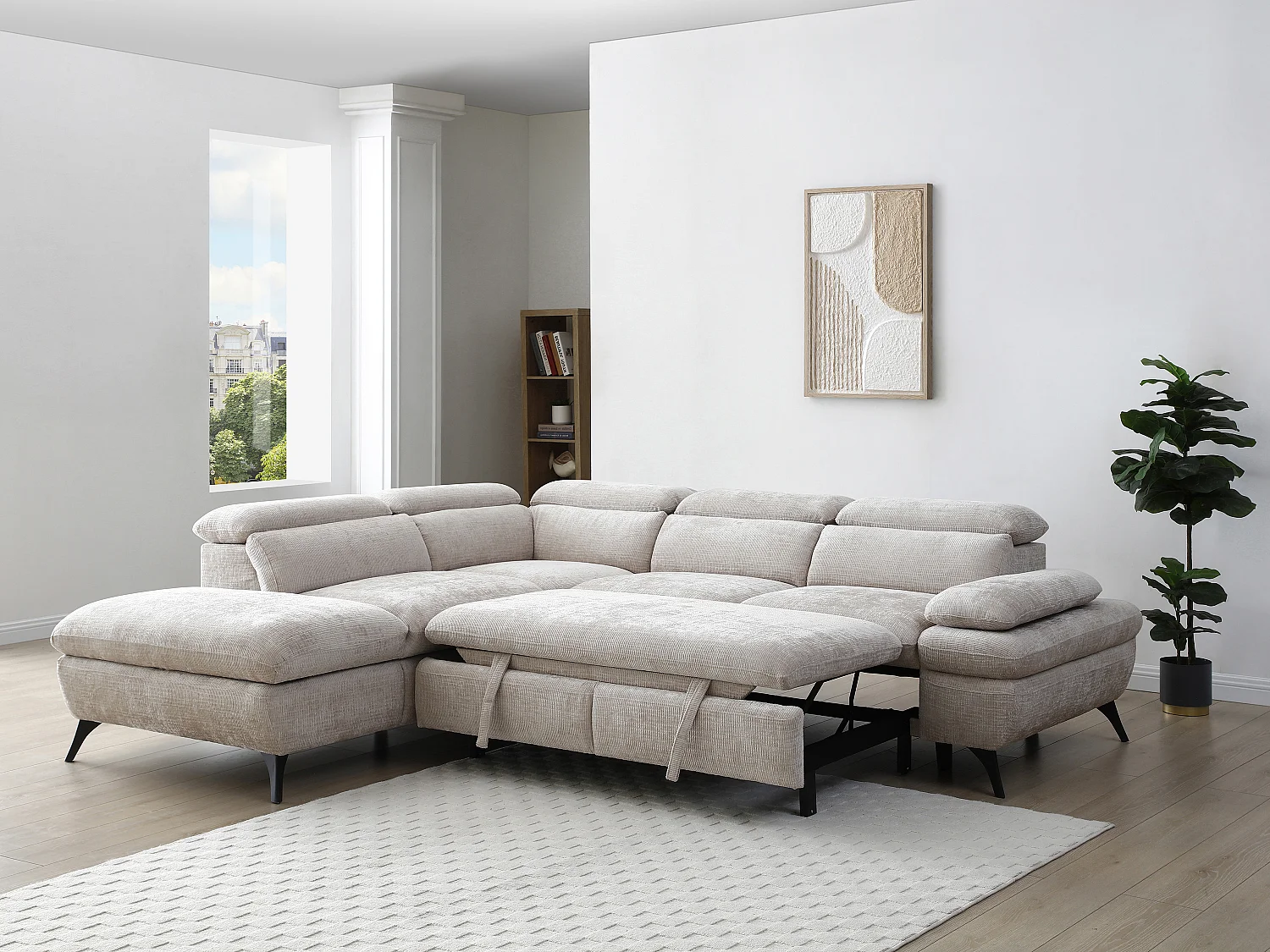 Canapé d'angle gauche convertible avec dossier méridienne en tissu texturé beige SURDELI