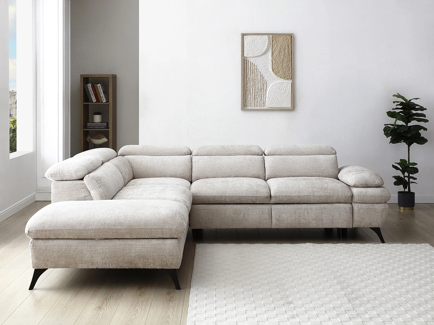 Canapé d'angle gauche convertible avec dossier méridienne en tissu texturé beige SURDELI