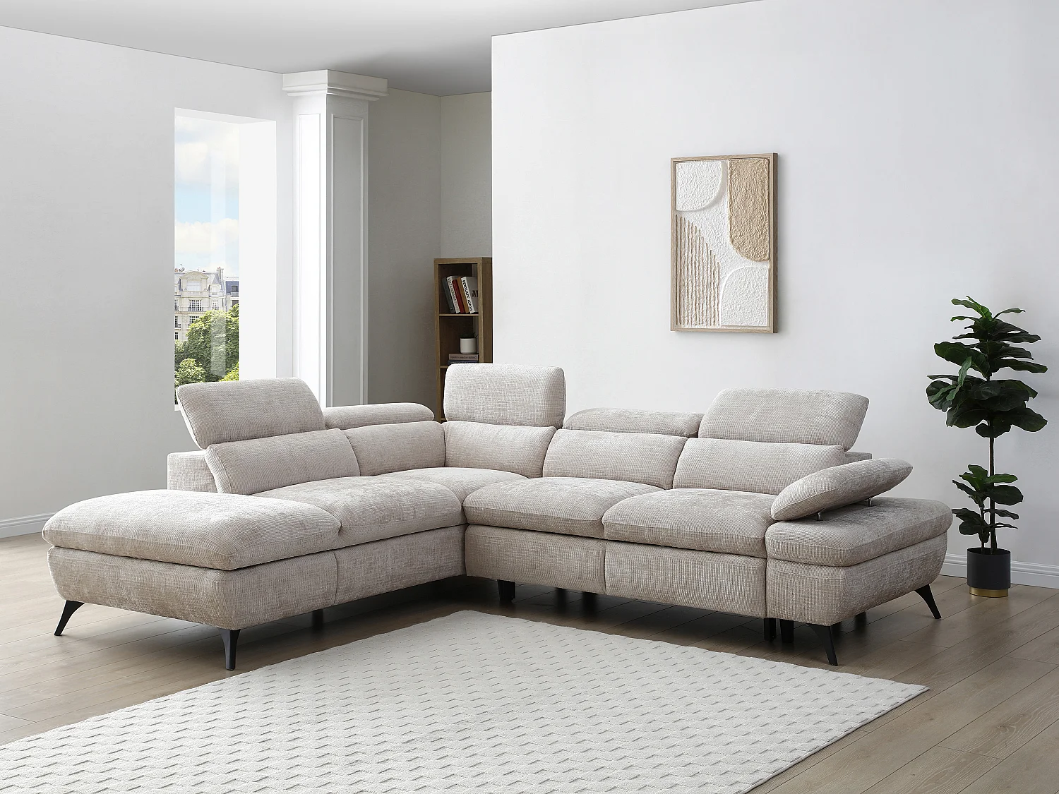 Canapé d'angle gauche convertible avec dossier méridienne en tissu texturé beige SURDELI