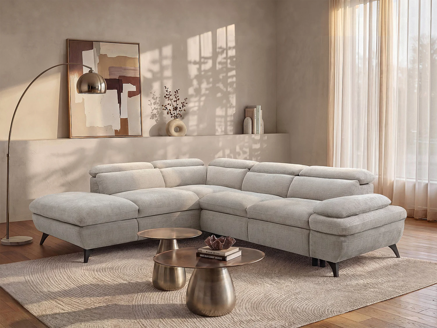 Ecksofa mit Schlaffunktion - Ecke links - Strukturstoff - mit Rückenlehne - Beige - SURDELI
