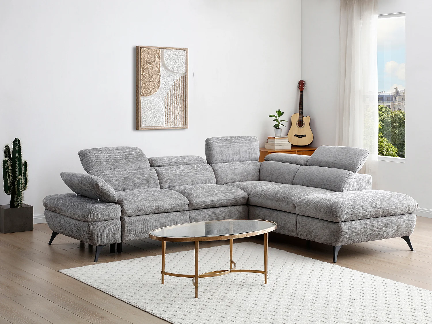 Canapé d'angle droit convertible avec dossier méridienne en tissu texturé gris SURDELI