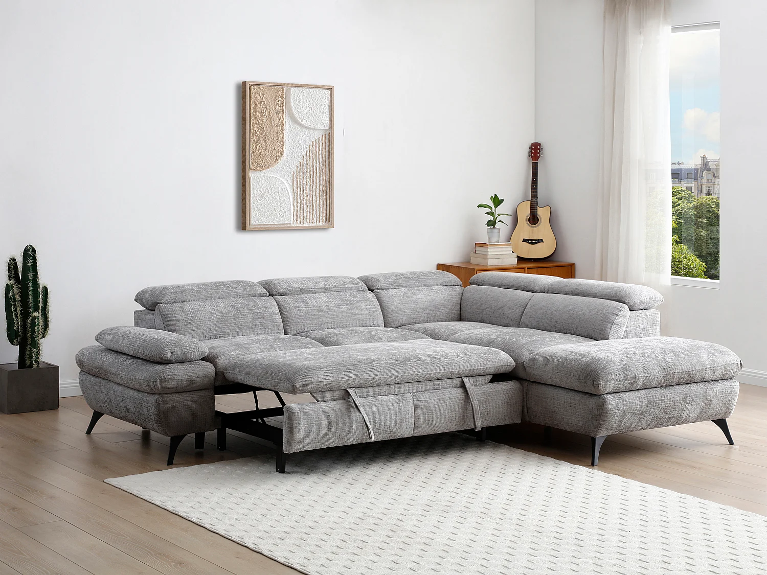 Ecksofa mit Schlaffunktion - Ecke rechts - Strukturstoff - mit Rückenlehne - Grau - SURDELI