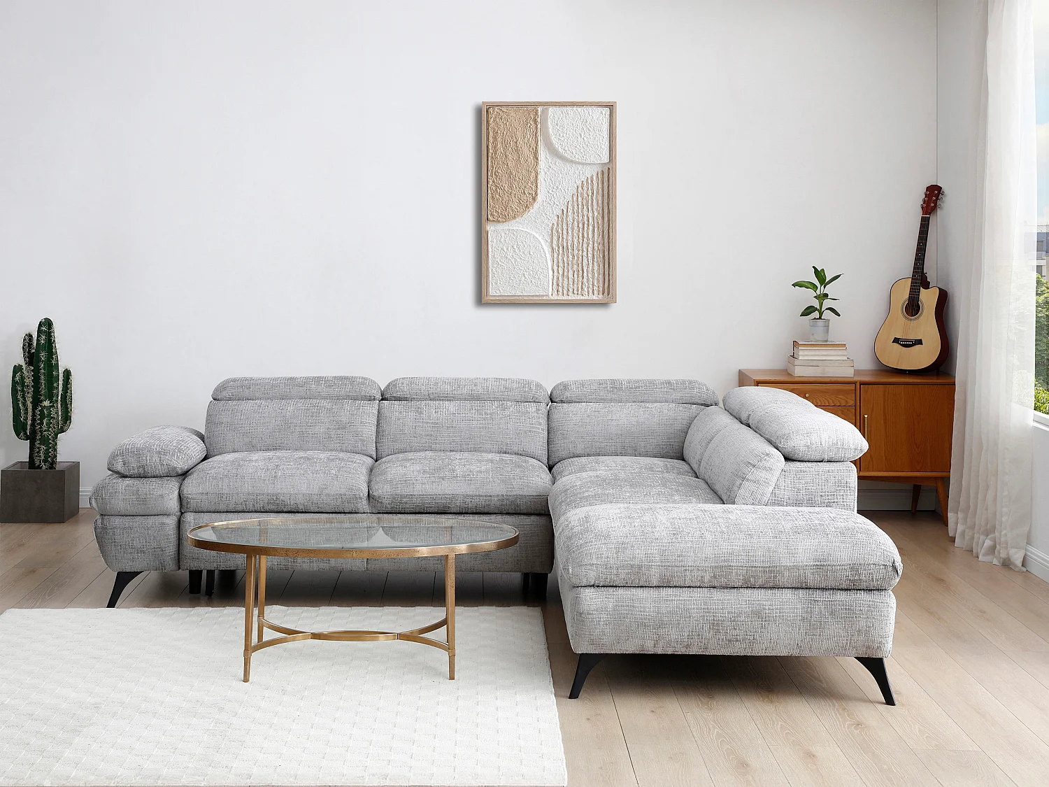 Canapé d'angle droit convertible avec dossier méridienne en tissu texturé gris SURDELI